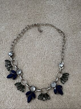 Silver Chain Necklace with Blue and Smoky Crystal Floral Drops